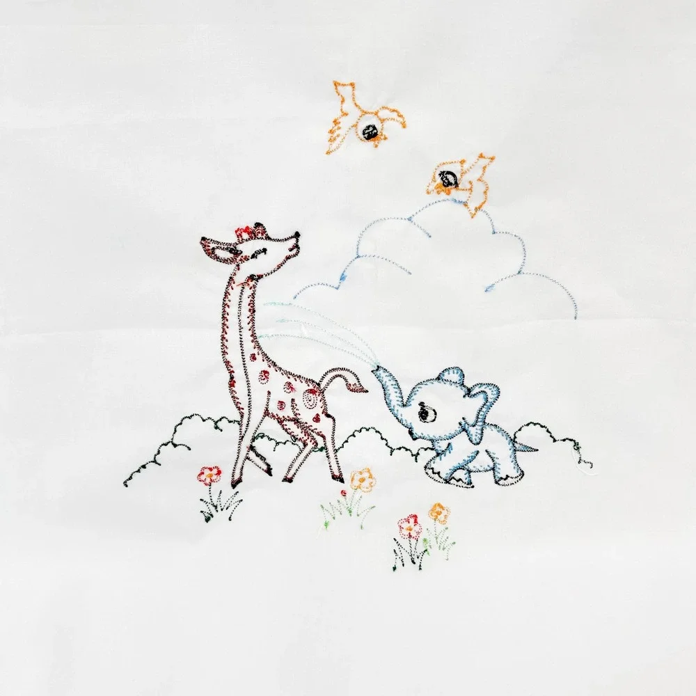 Vintage Embroidered Elephant Giraffe Toddler Bed Sheet & Pillowcase Set Handmade